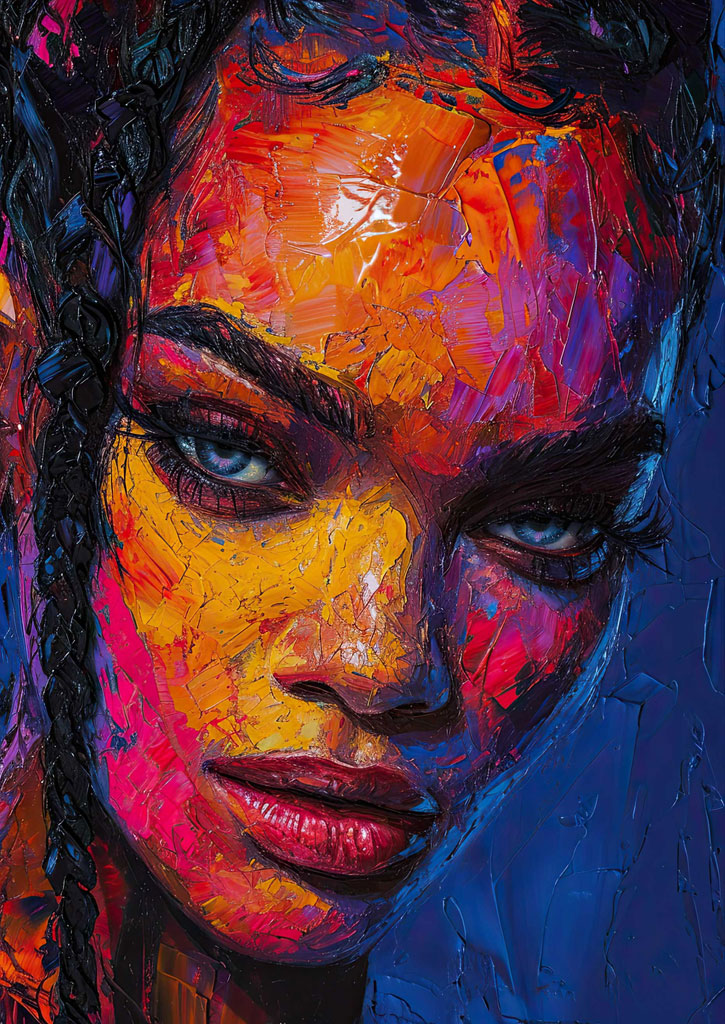 A close-up painting of a woman's face with bold brushstrokes and vivid colors.