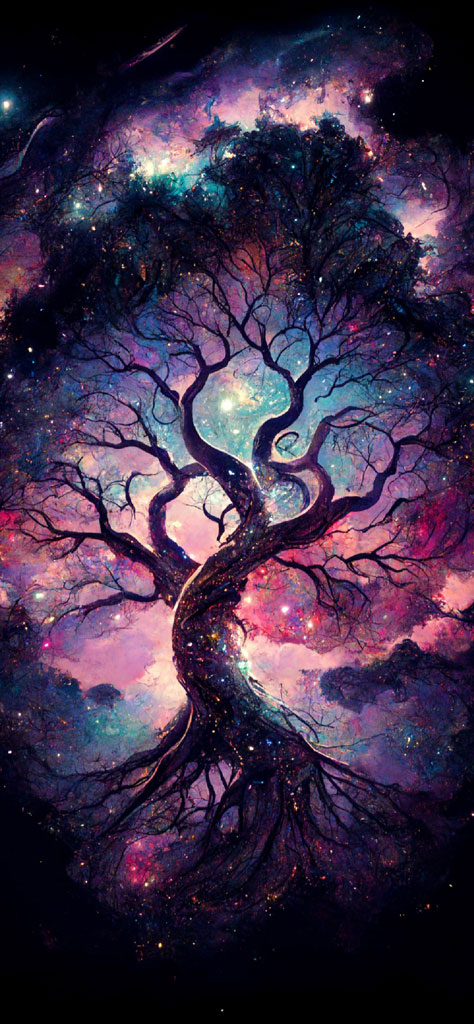 A tree with sprawling branches and roots against a colorful galaxy.