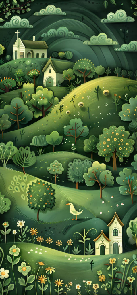 A cartoon-style image of a serene countryside with white houses, trees, and a duck.