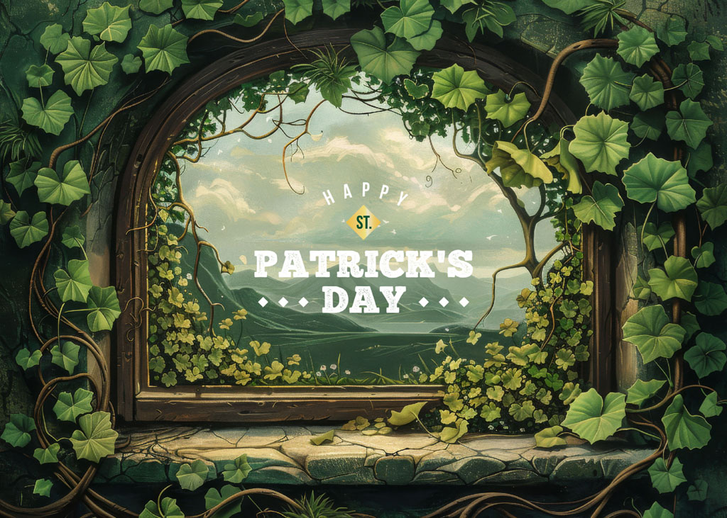 St. Patrick's Day greeting with a window view of a green landscape