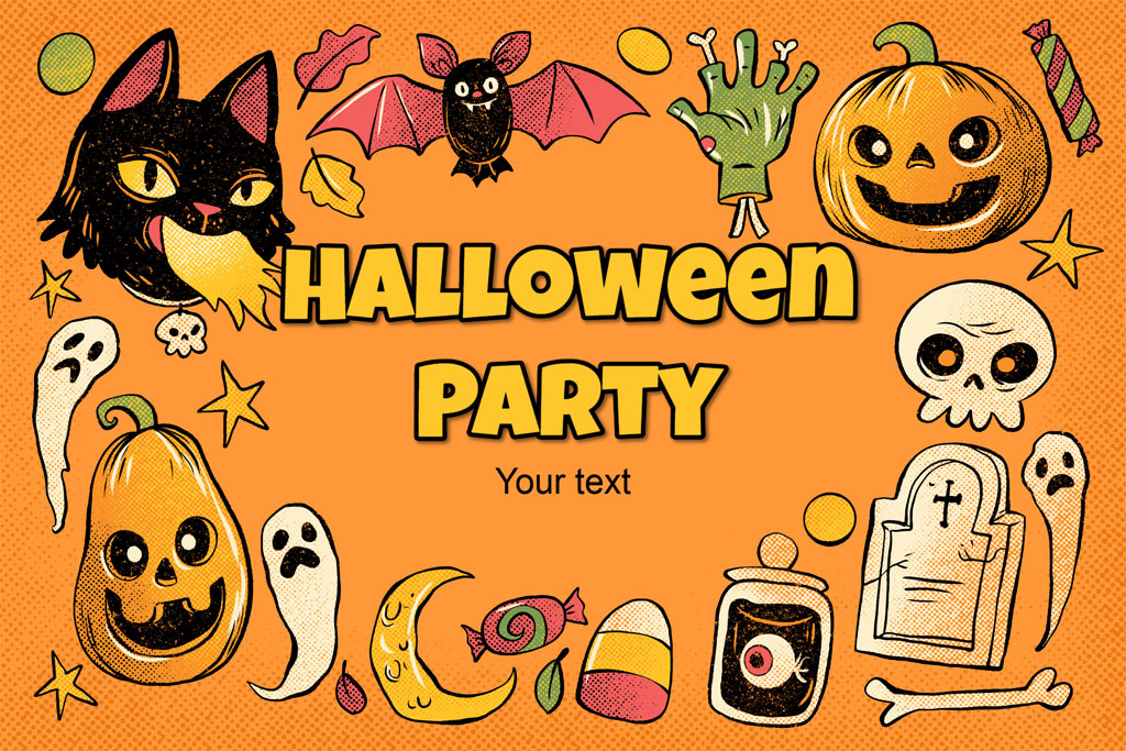 Halloween party invitation template with cartoon-style Halloween characters