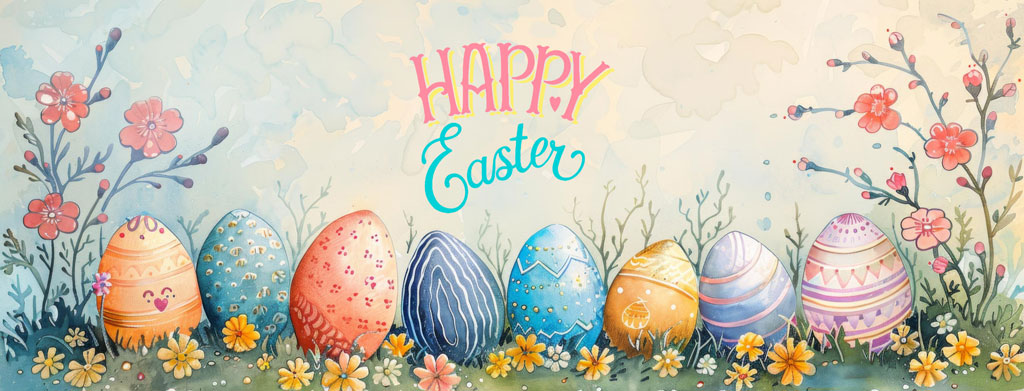 Colorful Easter eggs with flowers and greenery