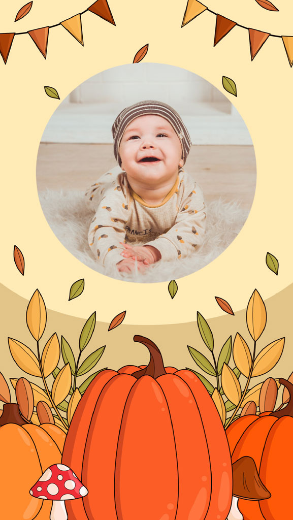 Baby lying on the floor surrounded by autumn elements