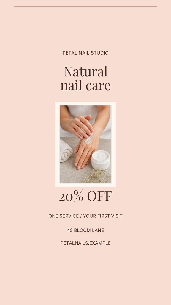 Vertical Instagram story layout with a hand care photo, natural nail care text, and a 20% off offer.