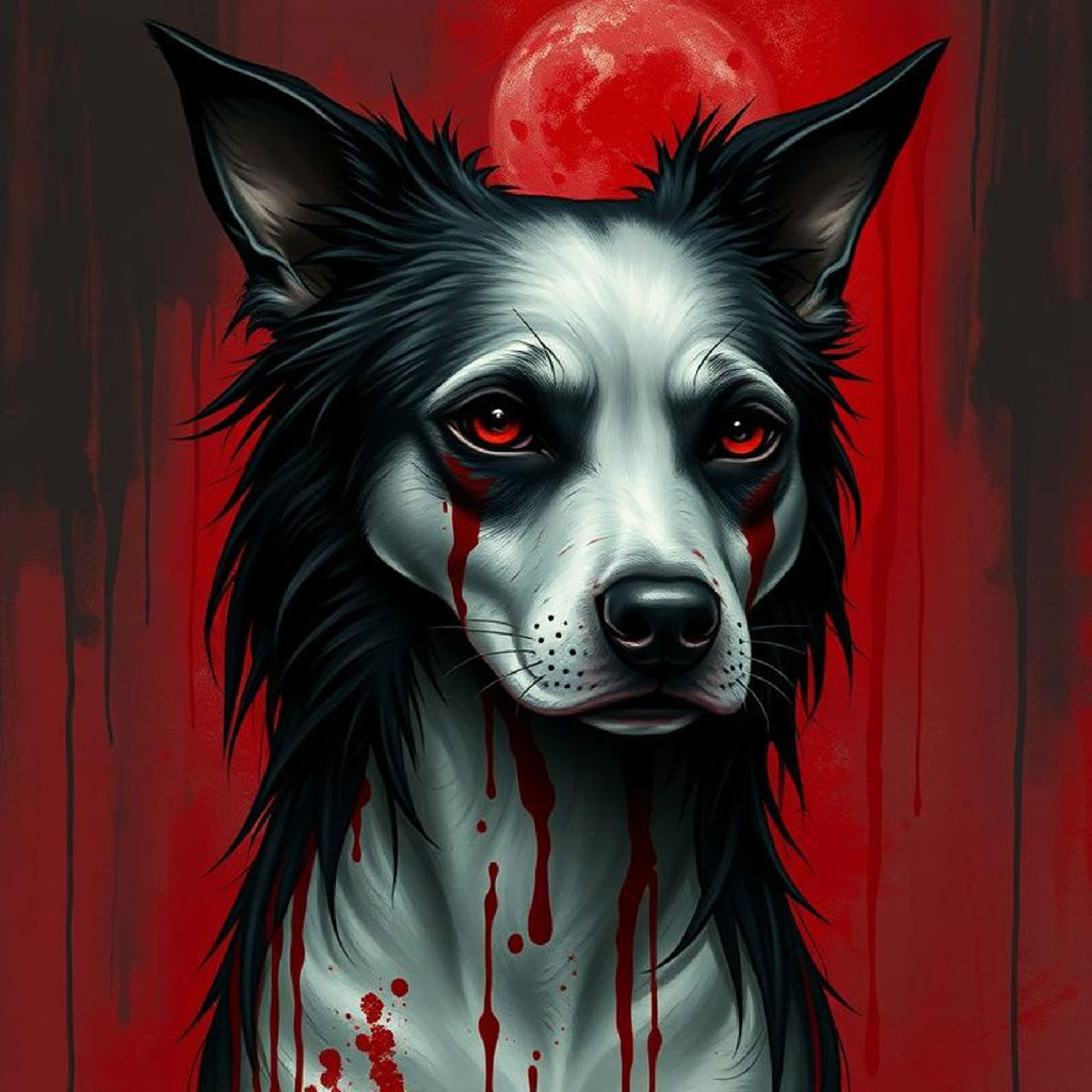 A digital painting of a woman with pale skin and dark hair, adorned with red roses and blood splatters.