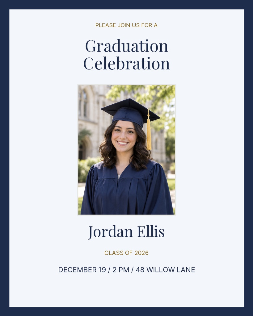 Portrait graduation invitation with a graduate photo, celebration heading, name, class year, and event details.