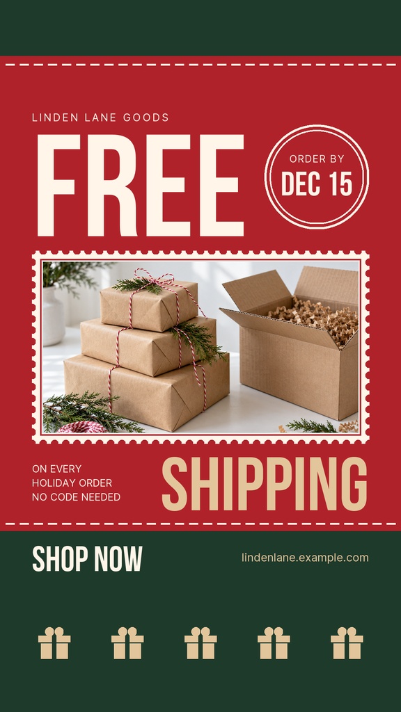 Instagram story design with free shipping headline, gift boxes, and an order-by date badge.