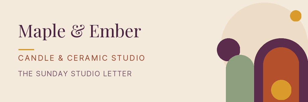 Warm autumn studio banner with abstract shapes and the text Maple & Ember Candle & Ceramic Studio.