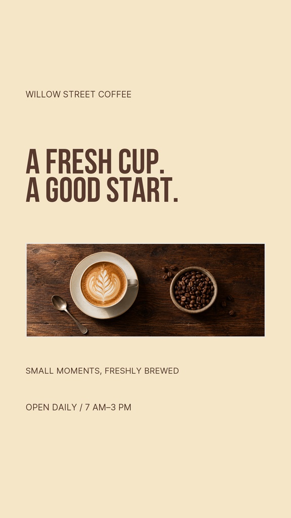 Vertical coffee shop story layout with a cappuccino, coffee beans, and warm beige text blocks.