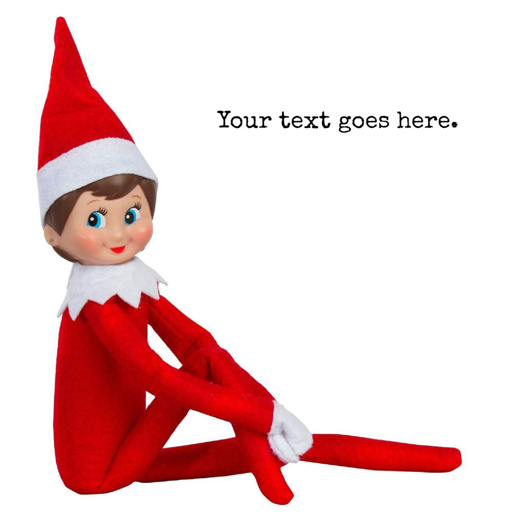 A smiling elf doll sitting with legs crossed, wearing a red suit and hat