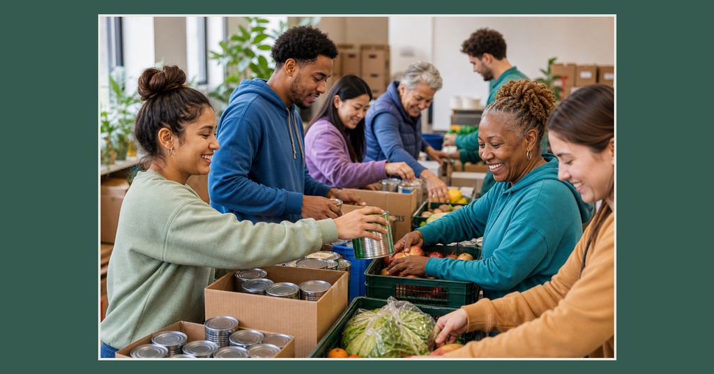 Volunteers packing canned food and produce at a community service event.