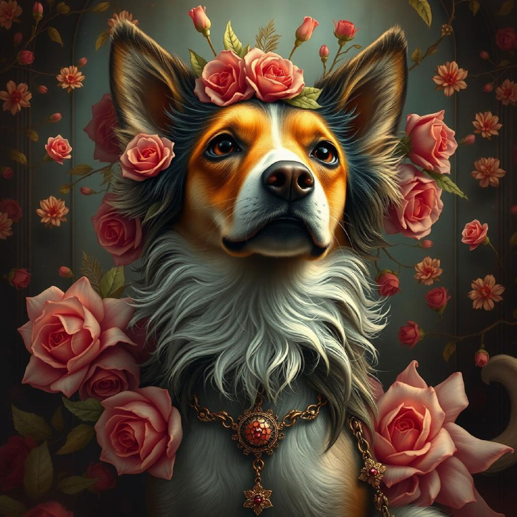 Two women with gray skin and dark hair adorned with roses and jewelry, set against a red floral background.