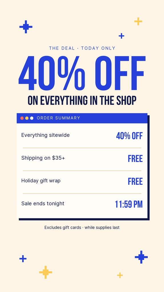 Instagram story design with 40% off, order summary box, and blue sale accents on a cream background