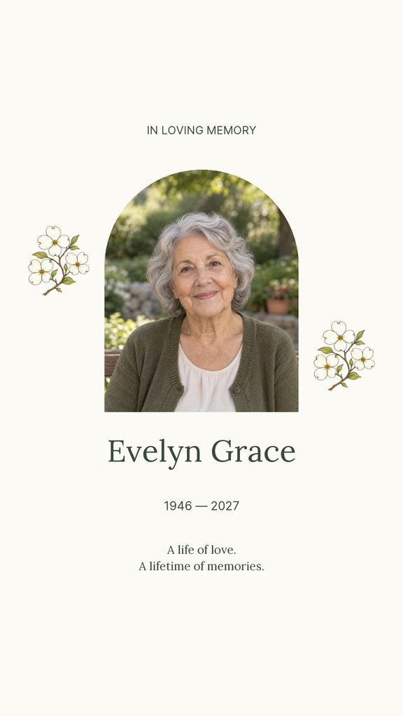 Minimal memorial story design with portrait, floral accents, and remembrance text