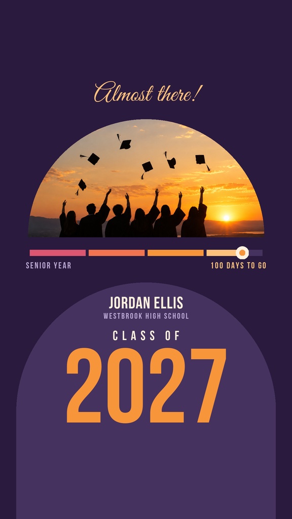 Purple Instagram story template with a sunset graduation photo and large Class of 2027 text.