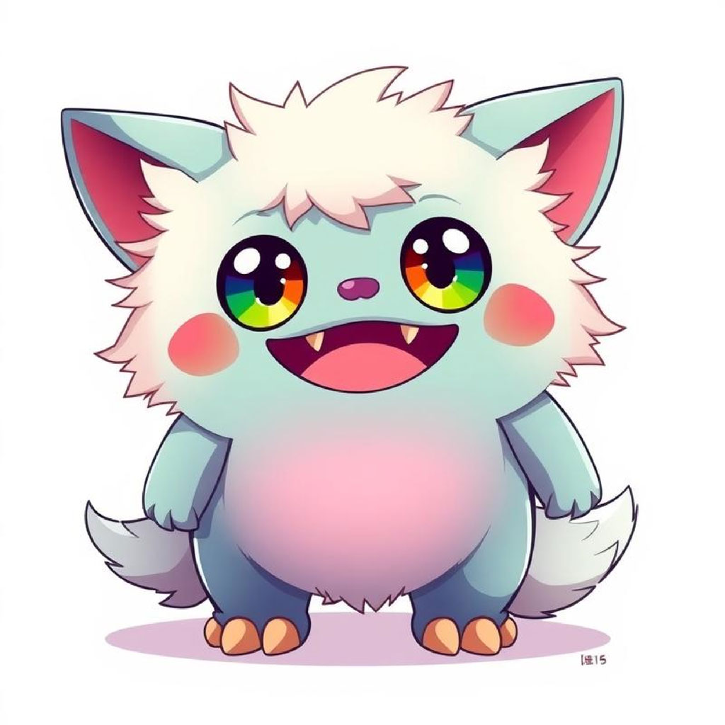 A cartoon creature with large rainbow eyes and fluffy white fur on its head and tail.