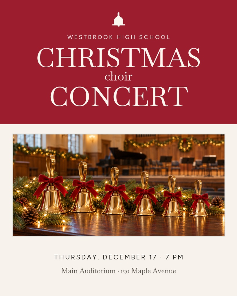 Christmas concert poster with bells, red accents, and event details on a portrait layout