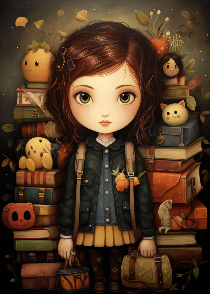 A cartoon girl with brown hair and green eyes stands in front of a stack of books, with the words 'Welcome Back' above her.