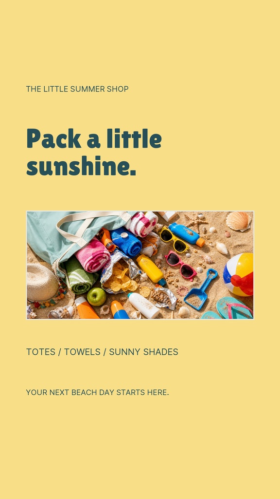 Yellow Instagram story template with beach items and bold summer sale text.