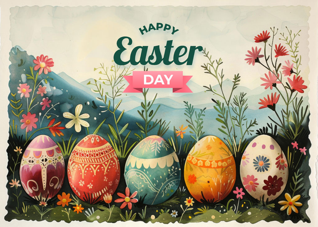 Colorful Easter eggs with floral patterns amidst lush greenery and vibrant flowers