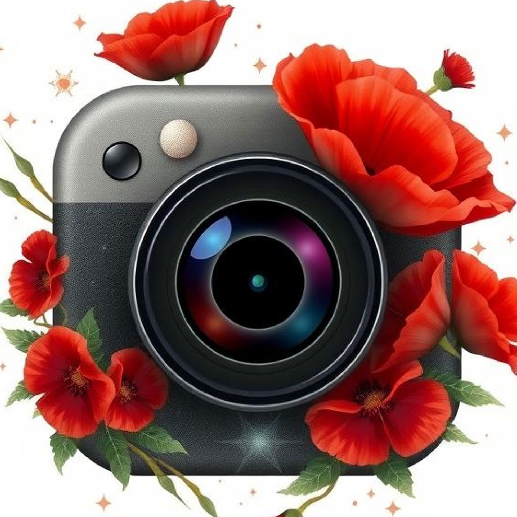 A gray camera with red poppies around it