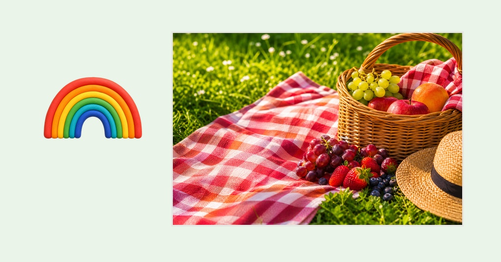 A rainbow graphic beside a picnic blanket, basket, fruit, and straw hat on grass.