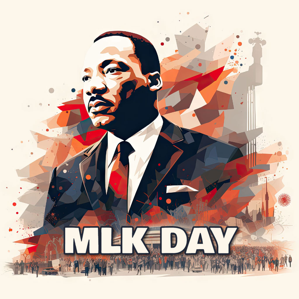 Martin Luther King Jr. portrait with crowd and Statue of Liberty