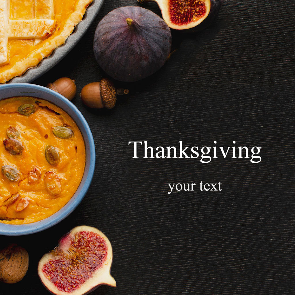Thanksgiving-themed image with pumpkin soup and figs