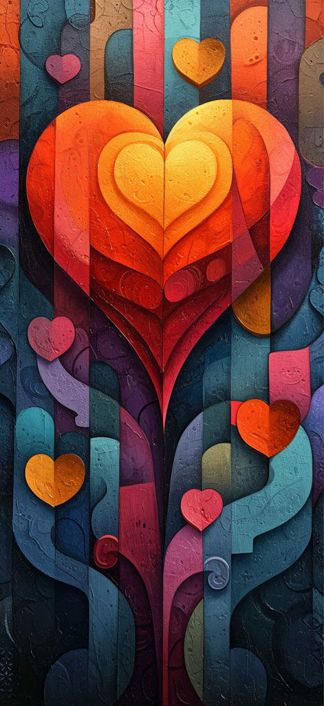 A vibrant abstract artwork with a large heart and smaller hearts in various colors.