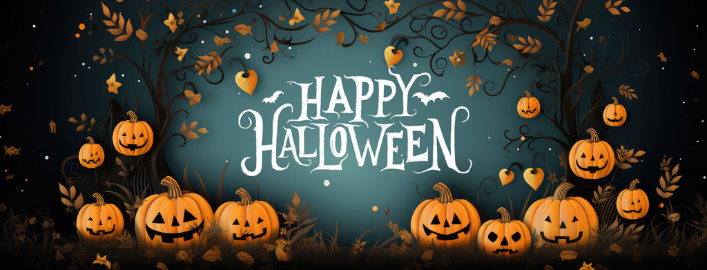 Halloween greeting with pumpkins and leaves