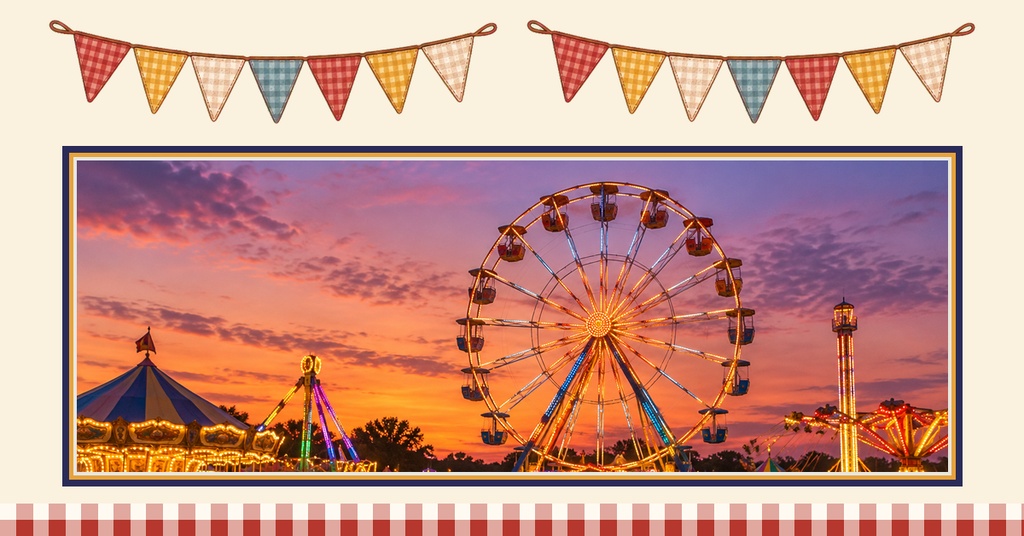 Ferris wheel and fair tents at sunset with bunting and a checkered border