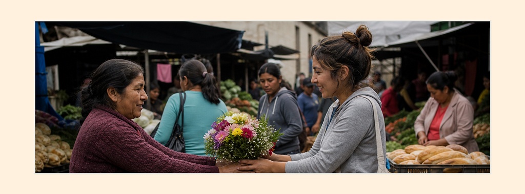 Two women exchanging a colorful bouquet at an outdoor flower market stall