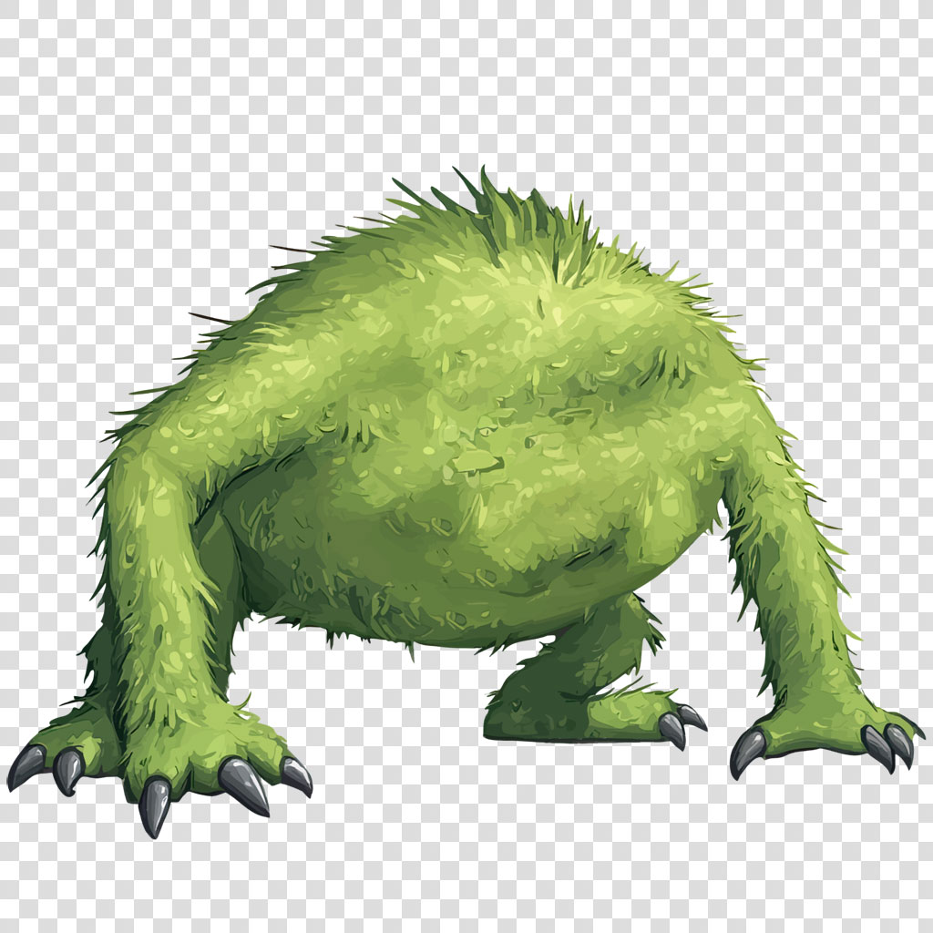 A green, furry monster with sharp claws on a white background.