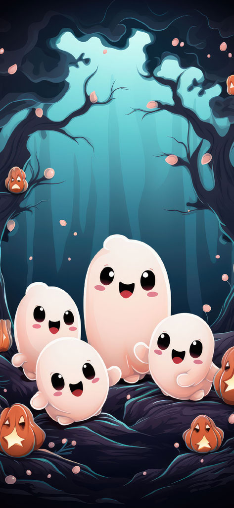 Illustration of smiling creatures in a forest with glowing mushrooms