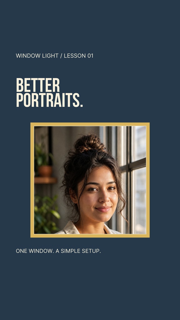 Portrait of a woman by a window on a dark blue lesson cover with bold text.