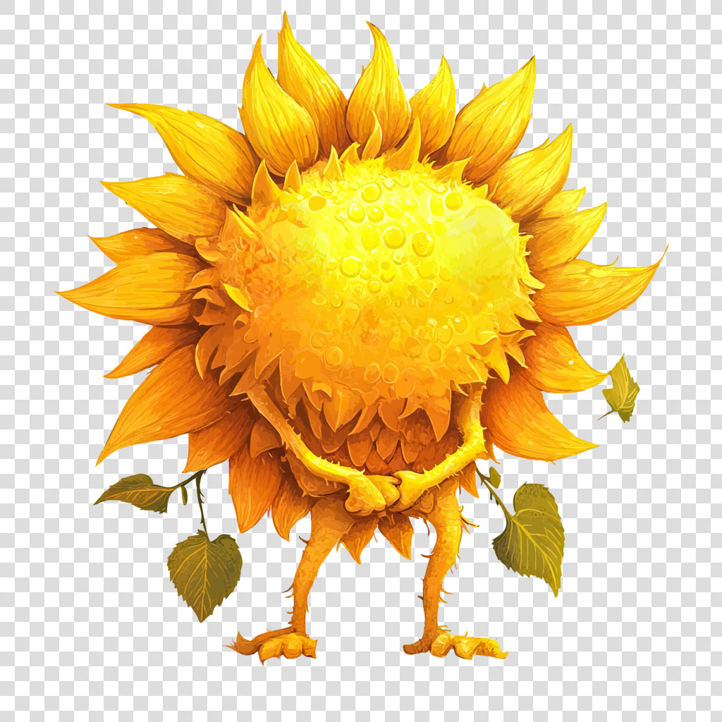 A cartoon sunflower with a smiling face and legs