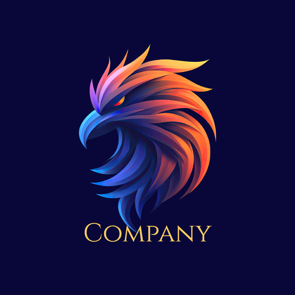Colorful phoenix head logo on a dark blue background
