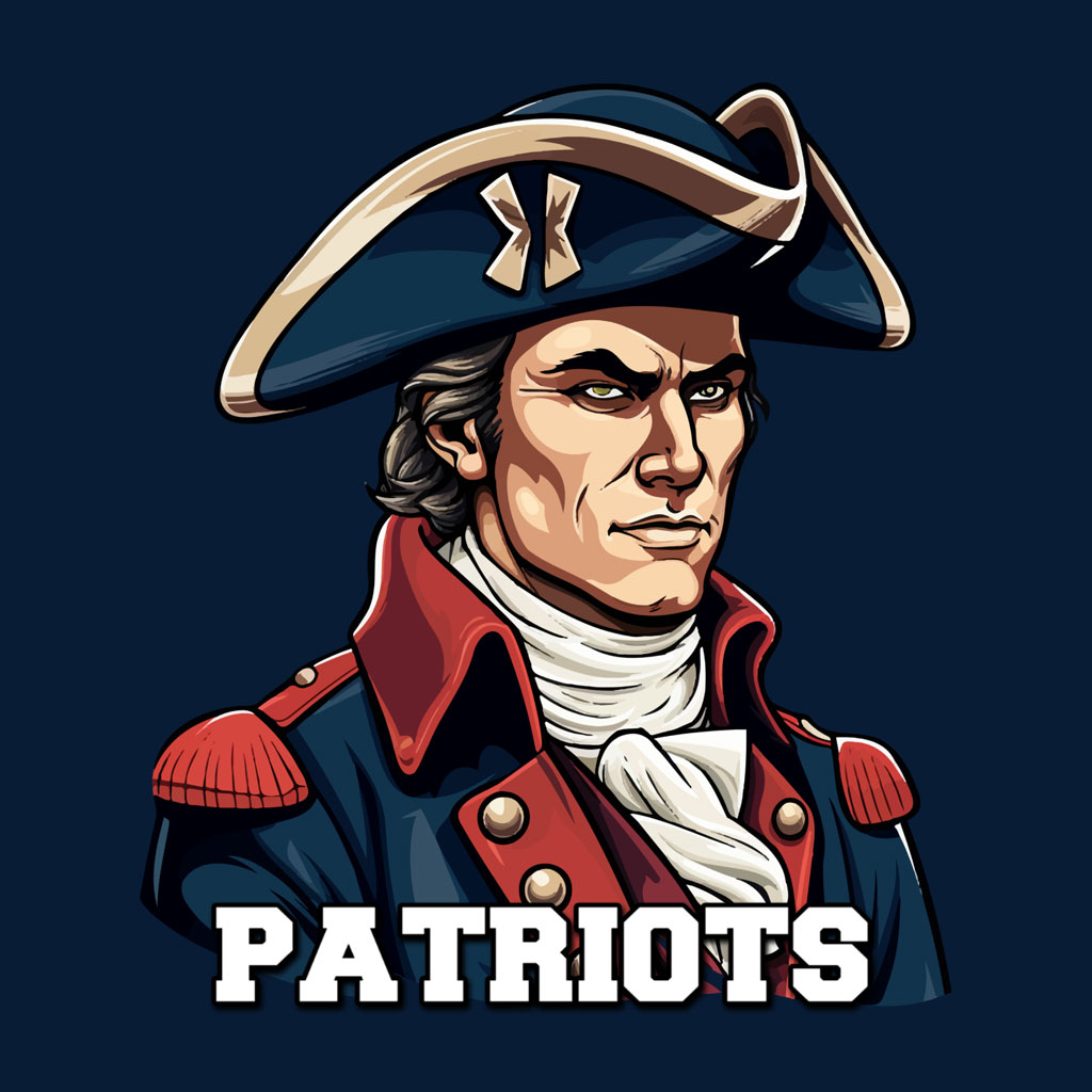 Illustration of a patriot in a blue and red colonial uniform with a tricorn hat.