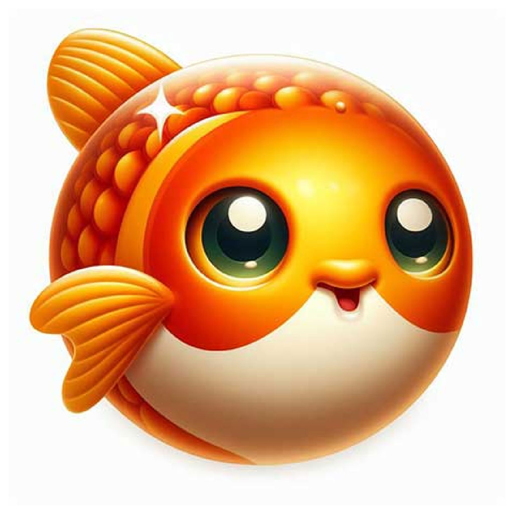 A smiling cartoon goldfish with orange scales and fins