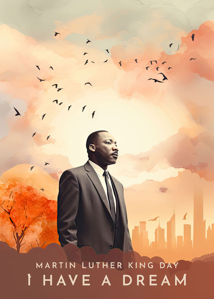 Martin Luther King Jr. standing in front of a cityscape with birds flying overhead