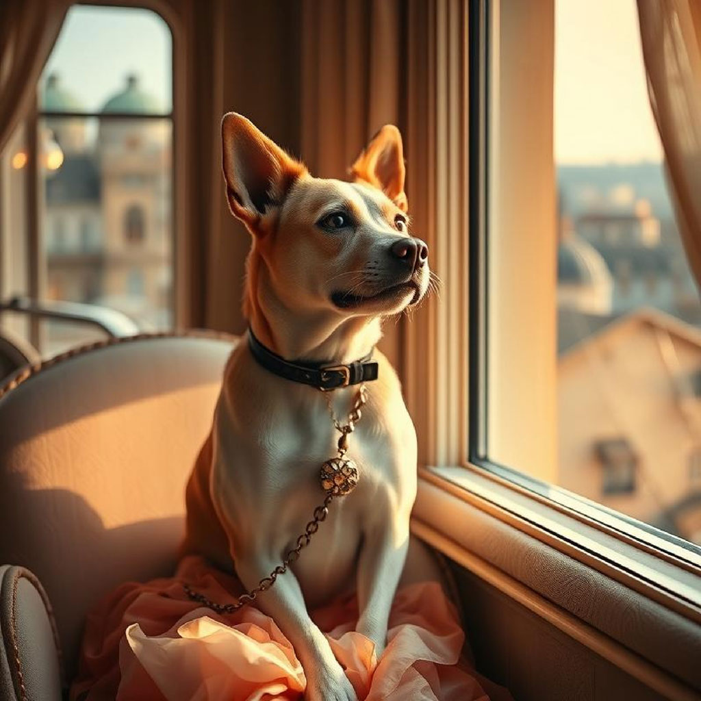 Two women in beige dresses sitting on red chairs by a large window.