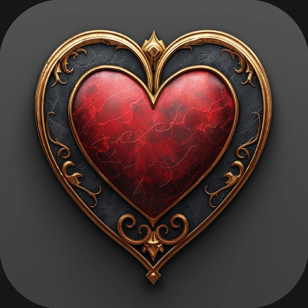 A decorative heart icon with a red marble center and gold ornate details.