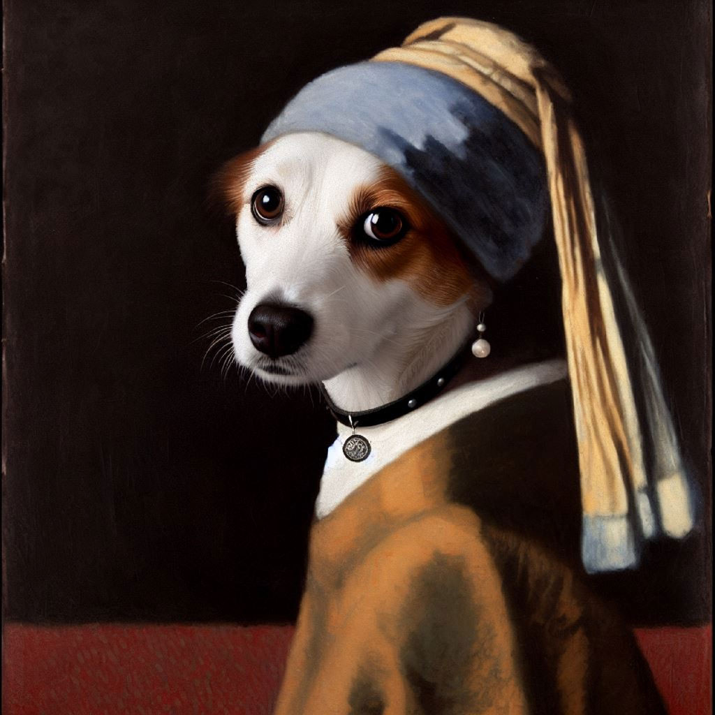 A tan dog lying on dark fabric, looking to the left.