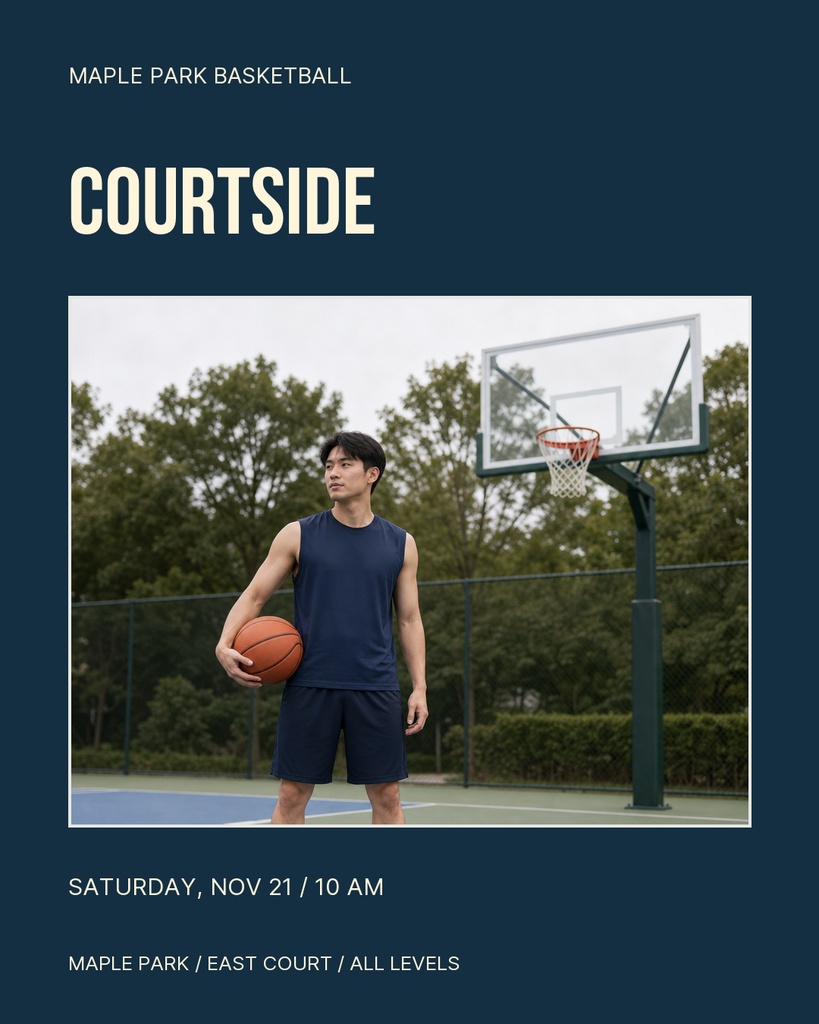 Basketball player holding a ball on an outdoor court with a hoop and trees behind him.