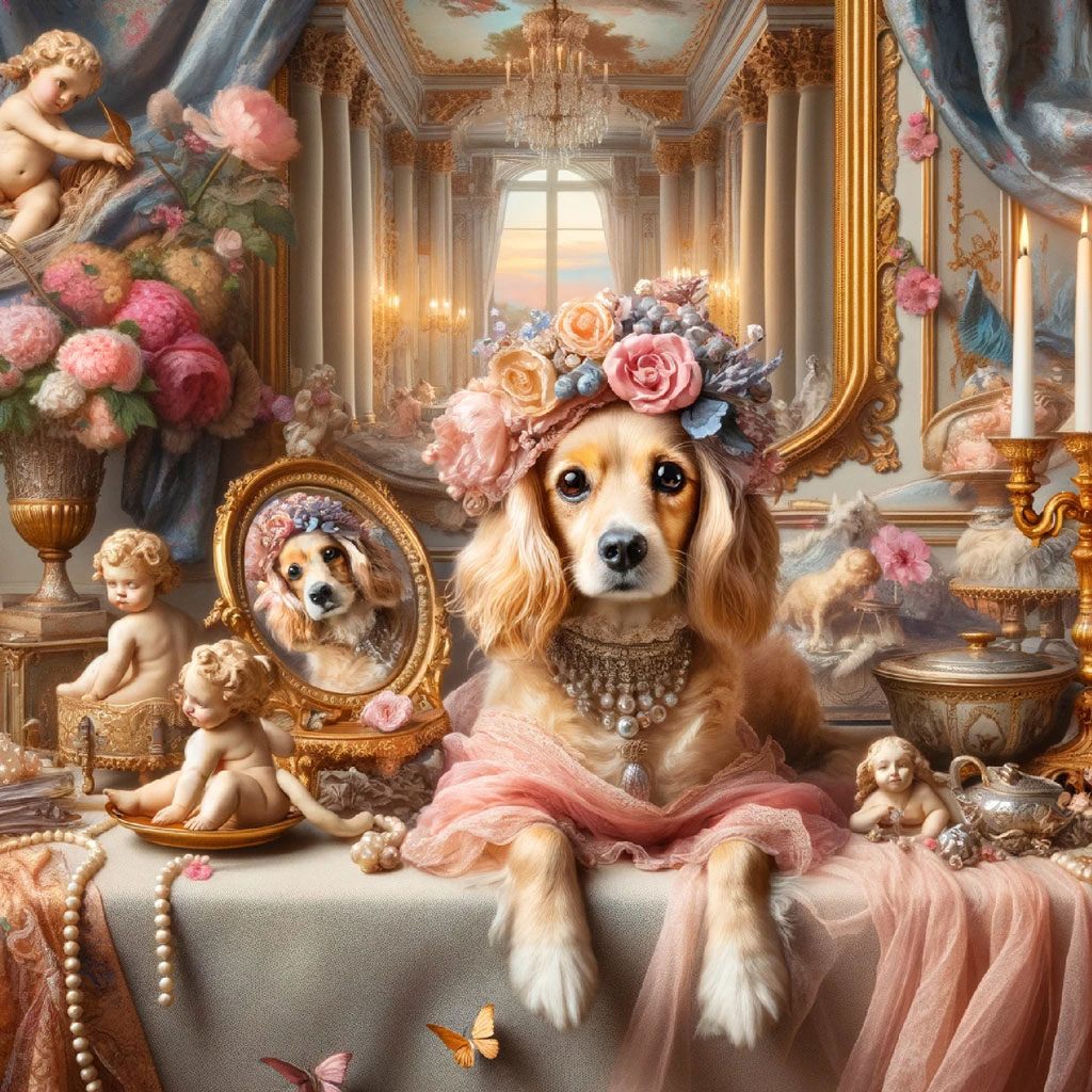 Illustration of a dog with a crown and flowers around its neck, within an ornate gold frame.