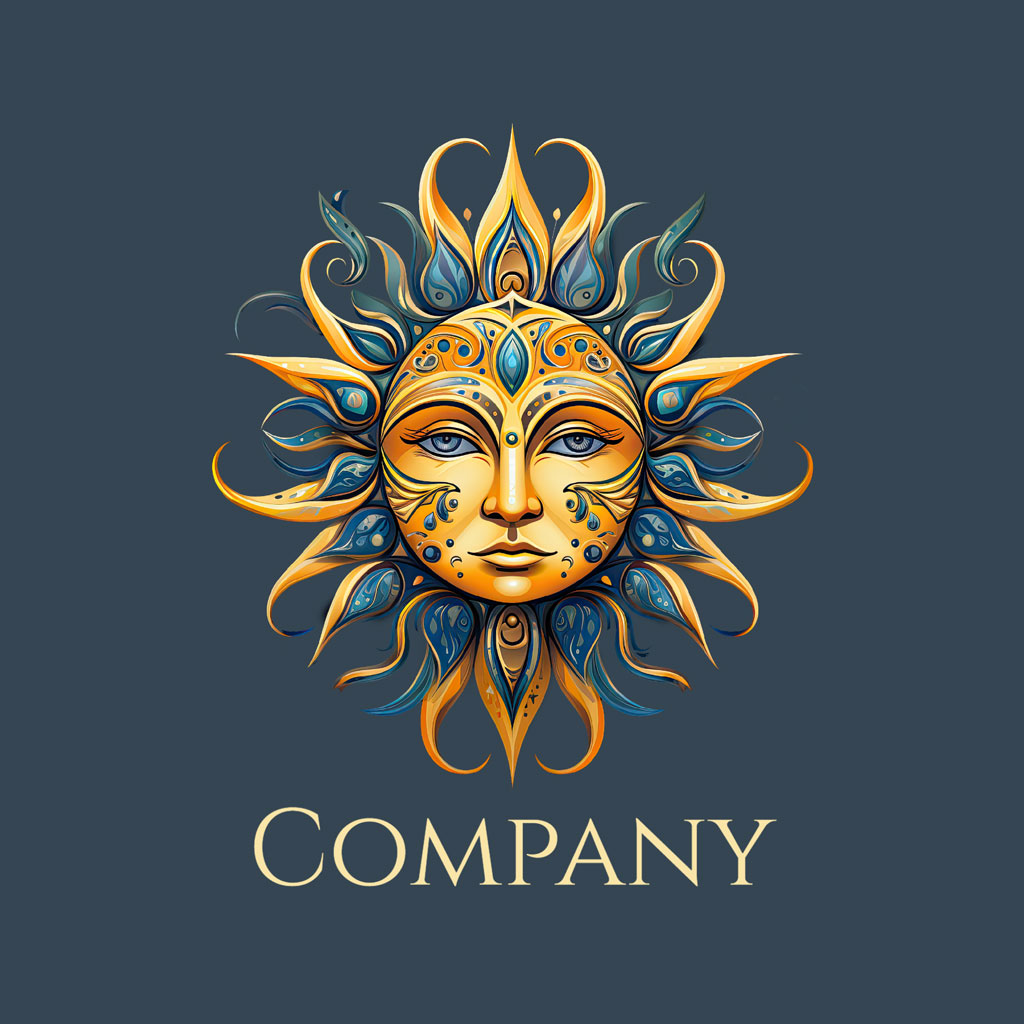 Stylized sun face logo with blue and gold accents