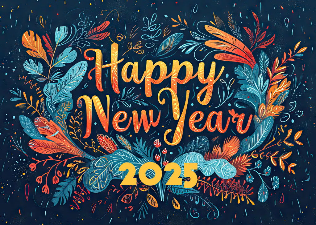 Happy New Year 2025 floral illustration
