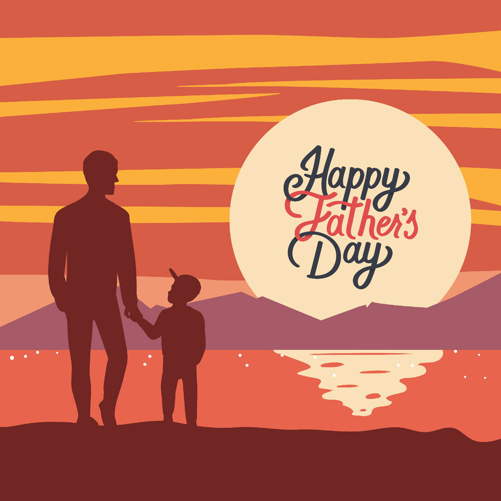 Silhouette of a father and child holding hands at sunset