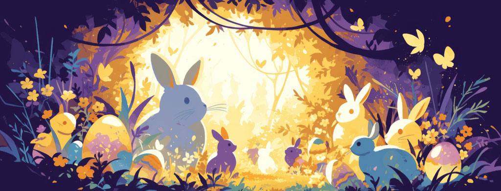 Colorful Easter bunnies and eggs in a forest