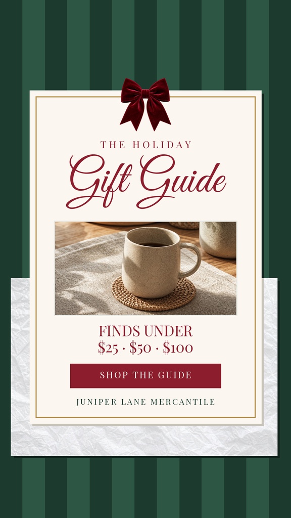 Portrait holiday gift guide poster with bow, coffee mug photo, and shop the guide text.